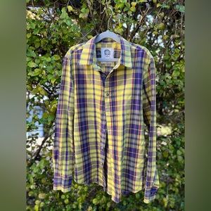 Purple and yellow plaid button down long sleeve dress shirt